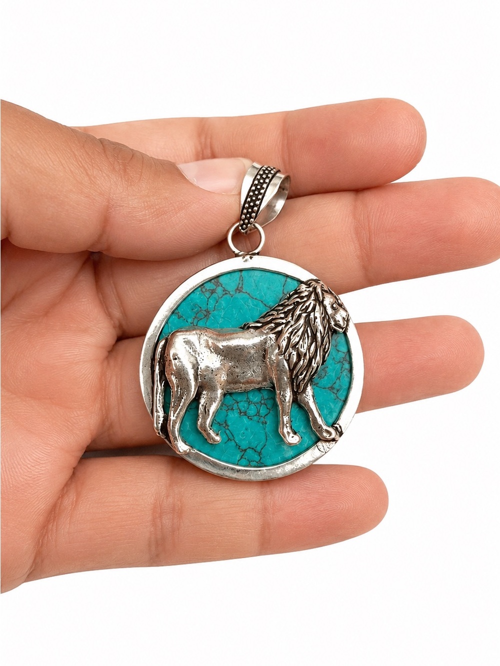 Navajo Sterling Silver Lion Turquoise Pendant - Women Jewelry